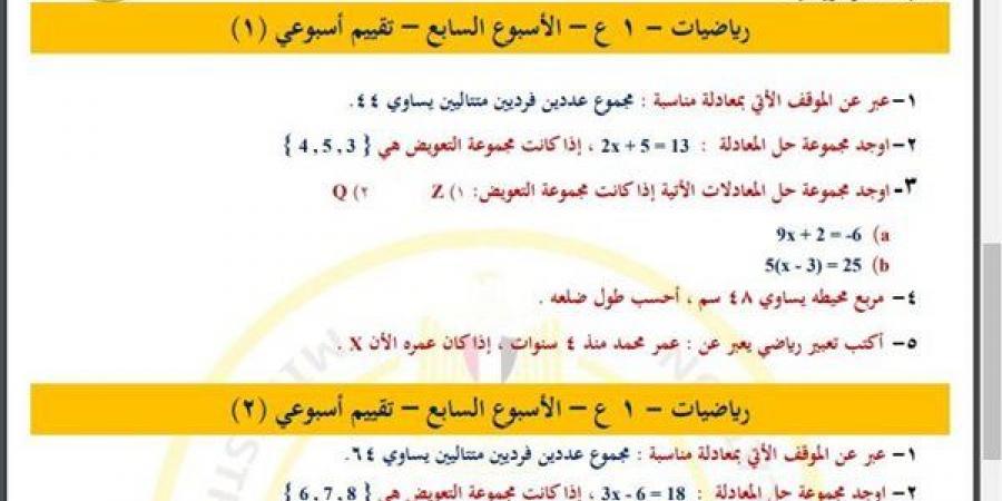 مراجعات نهائية.. أسئلة تقييم الأسبوع السابع الرياضيات لـ الصف الأول الإعدادي